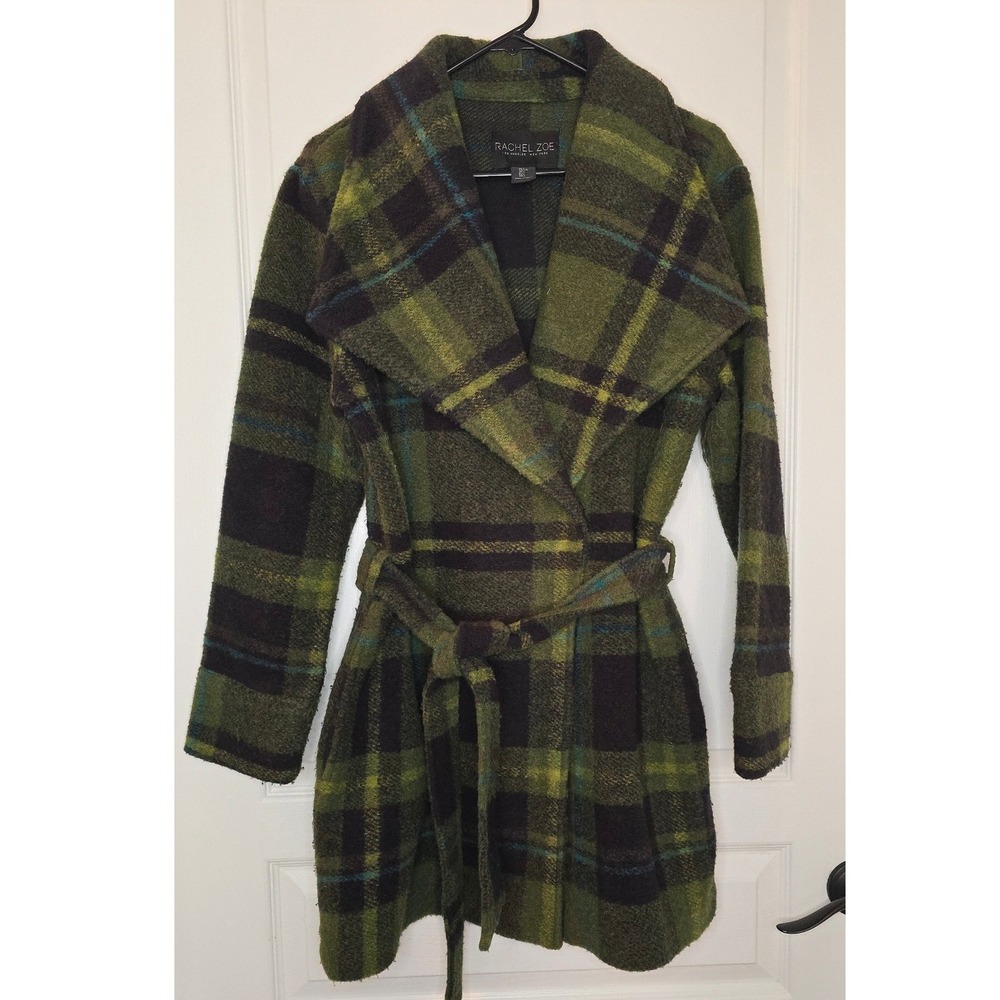 Rachel Zoe Green Plaid Wrap Coat Womens Large Belted Wide Lapel Long Sleeve L - Picture 2 of 7